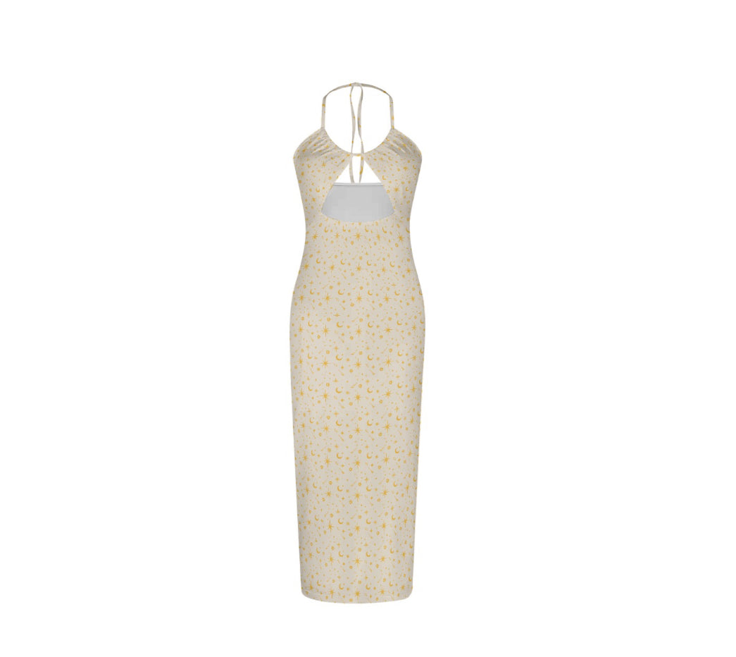 Celestial Maxi Dress: Halter Top, Drawstring, Stretchy Festival Wear