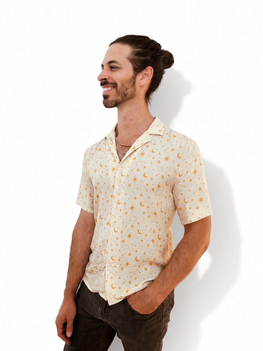 Celestial Cotton Button Down Shirt: Sun, Moon, Stars - Black
