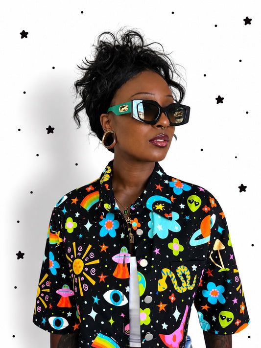 Space Babe Cropped Denim Jacket | Psychedelic Festival Fashion