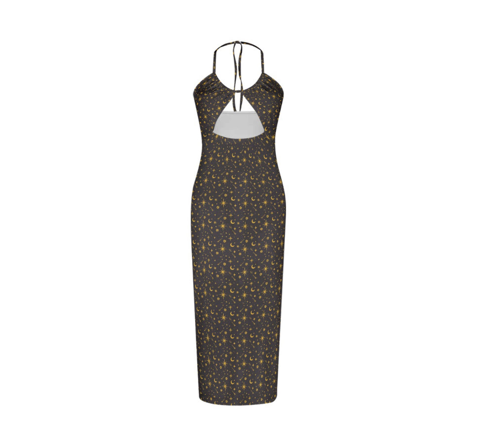 Celestial Maxi Dress: Halter Top, Drawstring, Stretchy Festival Wear