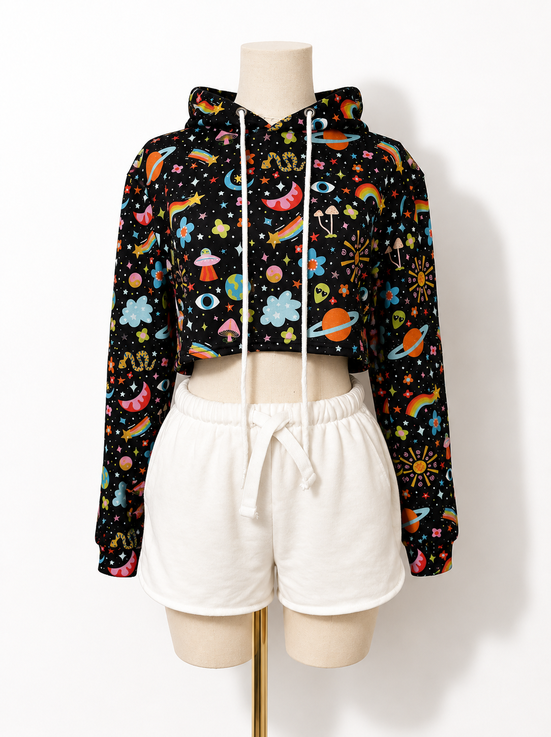Cosmic Cropped Hoodie: Trippy Alien, Mushroom & Rainbow Print