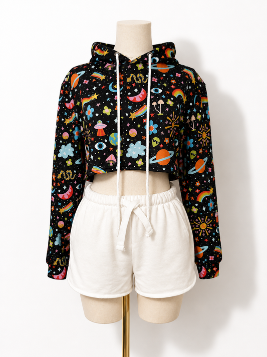 Cosmic Cropped Hoodie: Trippy Alien, Mushroom & Rainbow Print