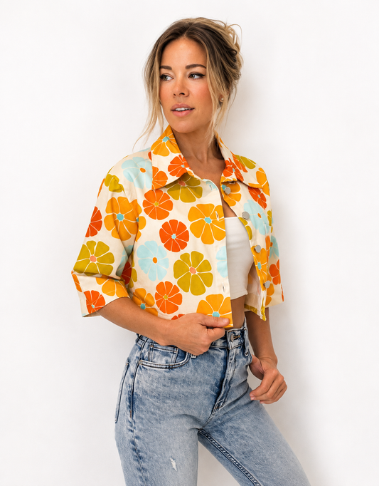 Sunrise Print Cropped Denim Jacket: Retro Floral Cotton Coat