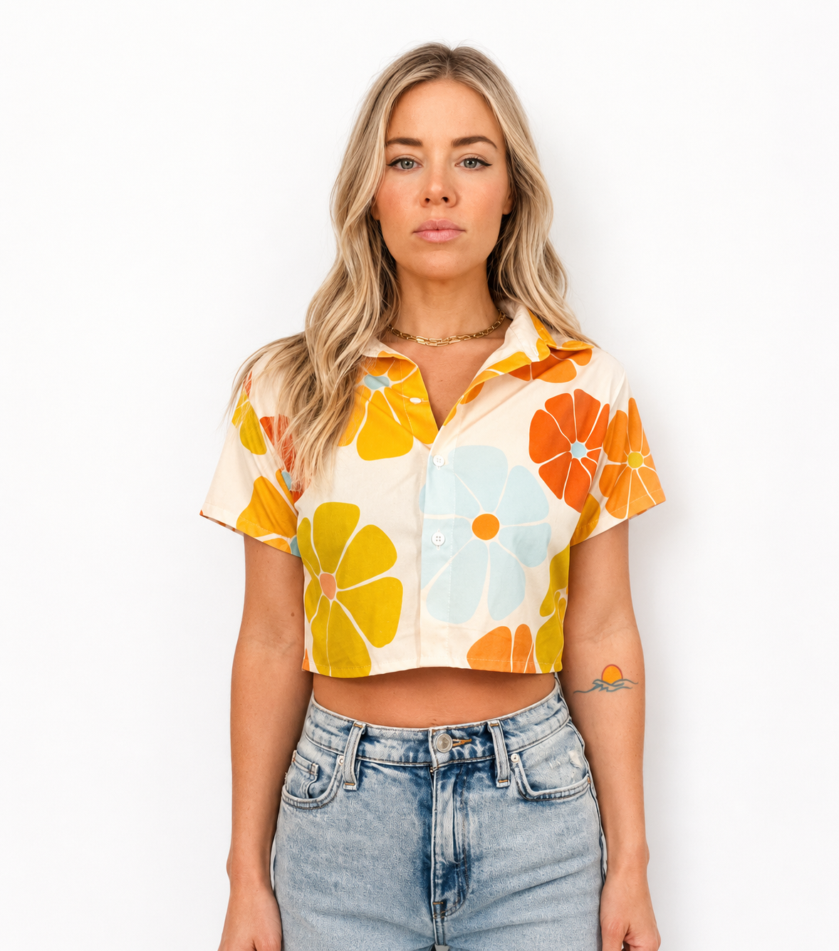 Sunrise Crop Top| Retro Hawaiian Floral Button-Down Shirt