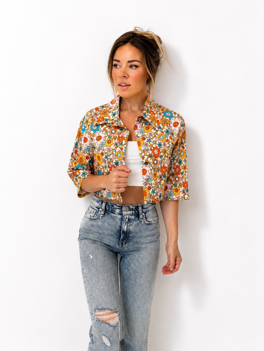Cropped Floral Denim Jacket: 70s Retro Cotton Festival Wear