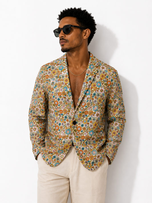 Flower Power Cotton Blazer: Mens Retro 70s Festival Jacket
