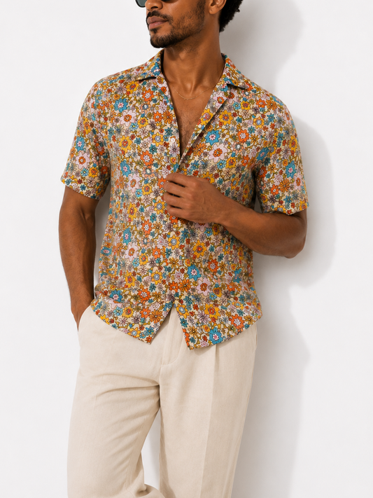 Retro Floral Rayon Button-Down Shirt: Unisex Vacation Wear