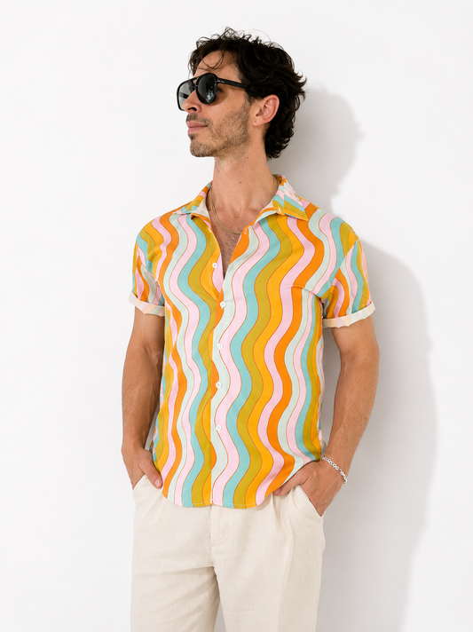 Wavy Rainbow Shirt: Retro Button-Down