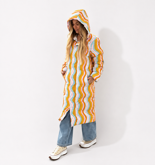 Wavy Rainbow Puffer Coat: Long Trippy Festival Winter Jacket