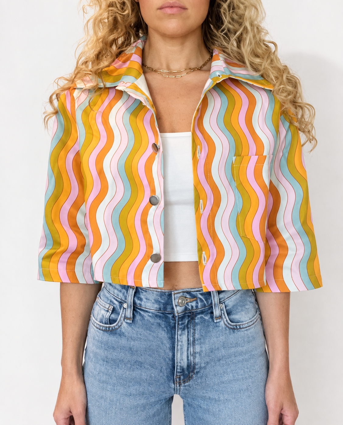 wavy rainbow denim jacket
