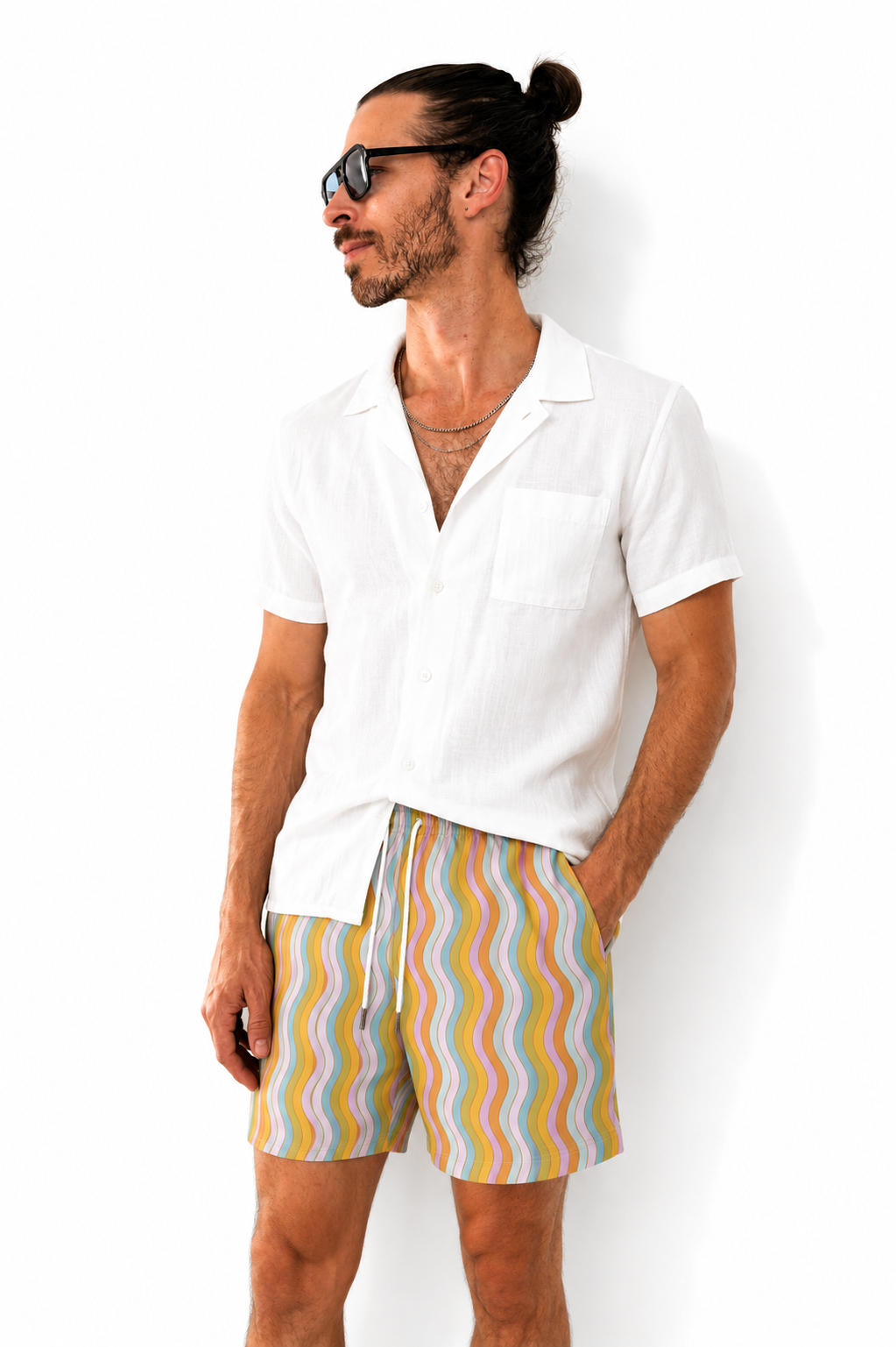 Wavy Rainbow Cotton Lounge Shorts: Colorful Rainbow Print
