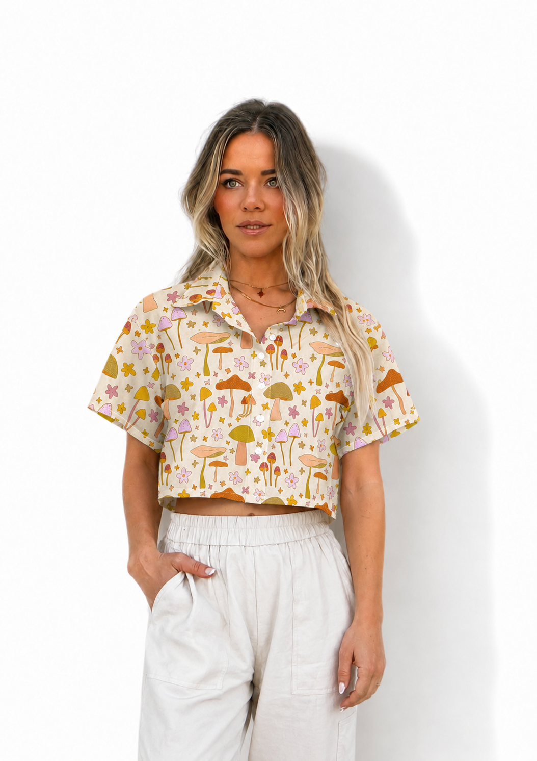 Mushroom Daisy Crop Top: 70s Retro Button-Down Shirt