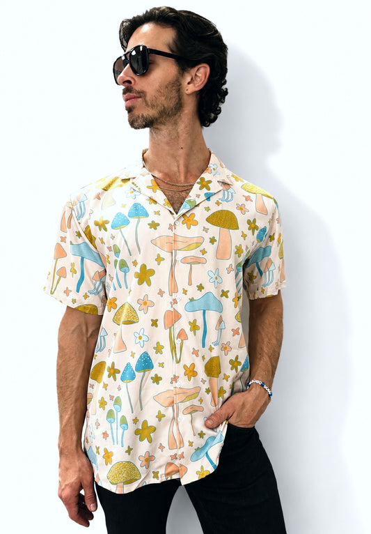 Retro mushroom daisy button down; unisex casual; festival wear; green blue flowers resort wear
