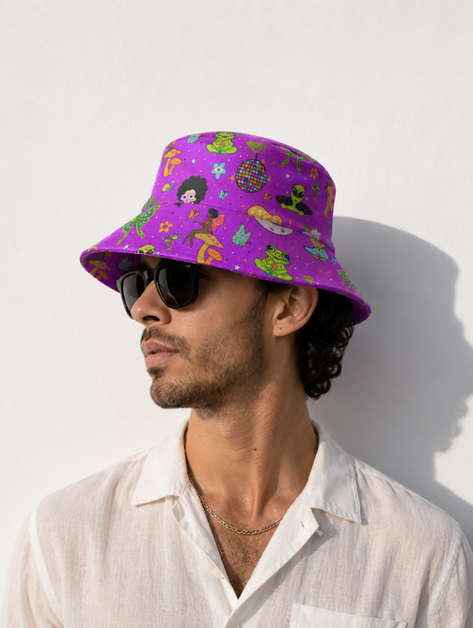 Happy Hula Bucket Hat: Trippy Mushroom Music Fest - Cotton Blend Aliens Fairy Florida Halloween theme