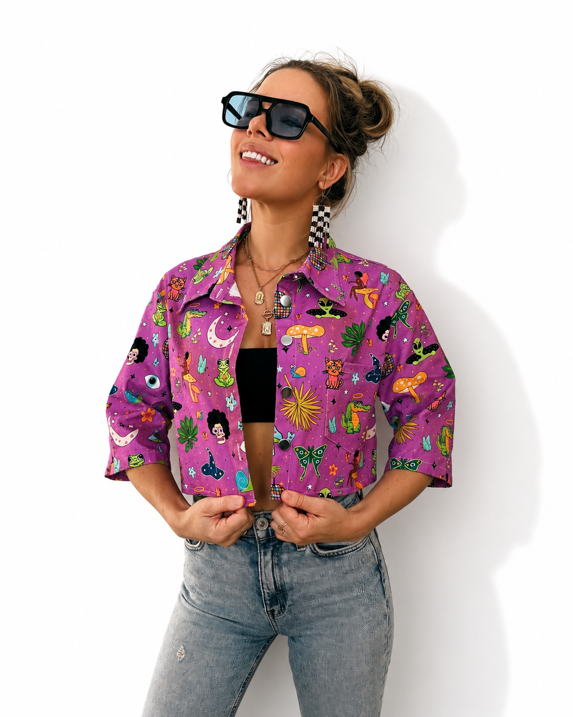 Happy Hula Cropped Denim Jacket: Trippy Mushroom Music Fest - Cotton Blend Aliens Fairy Florida Halloween theme
