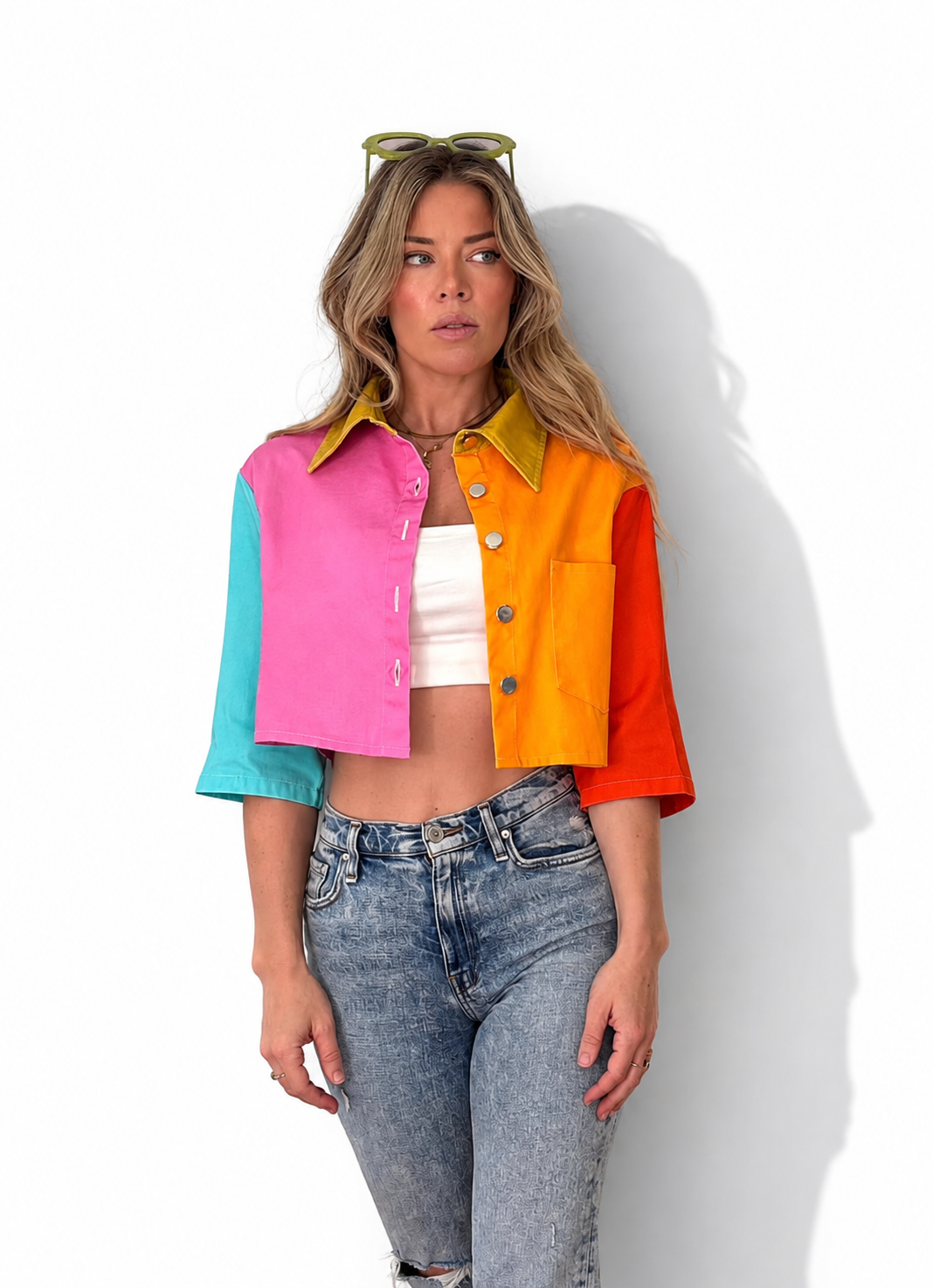 Color Block Cropped Denim Jacket: Lightweight Cotton Street Wear