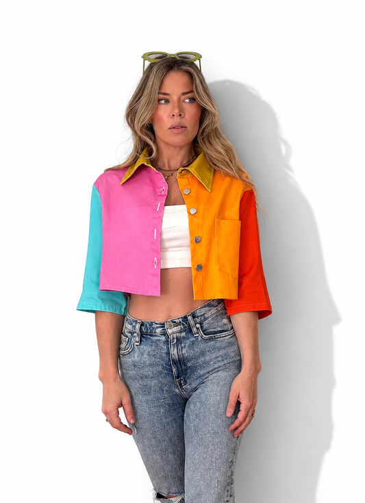 Color Block Cropped Denim Jacket: Lightweight Cotton Street Wear