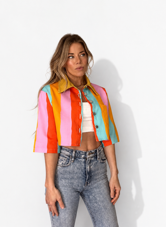 Color Therapy Wavy Striped Cropped Denim Jacket: Lightweight Cotton Street Wear