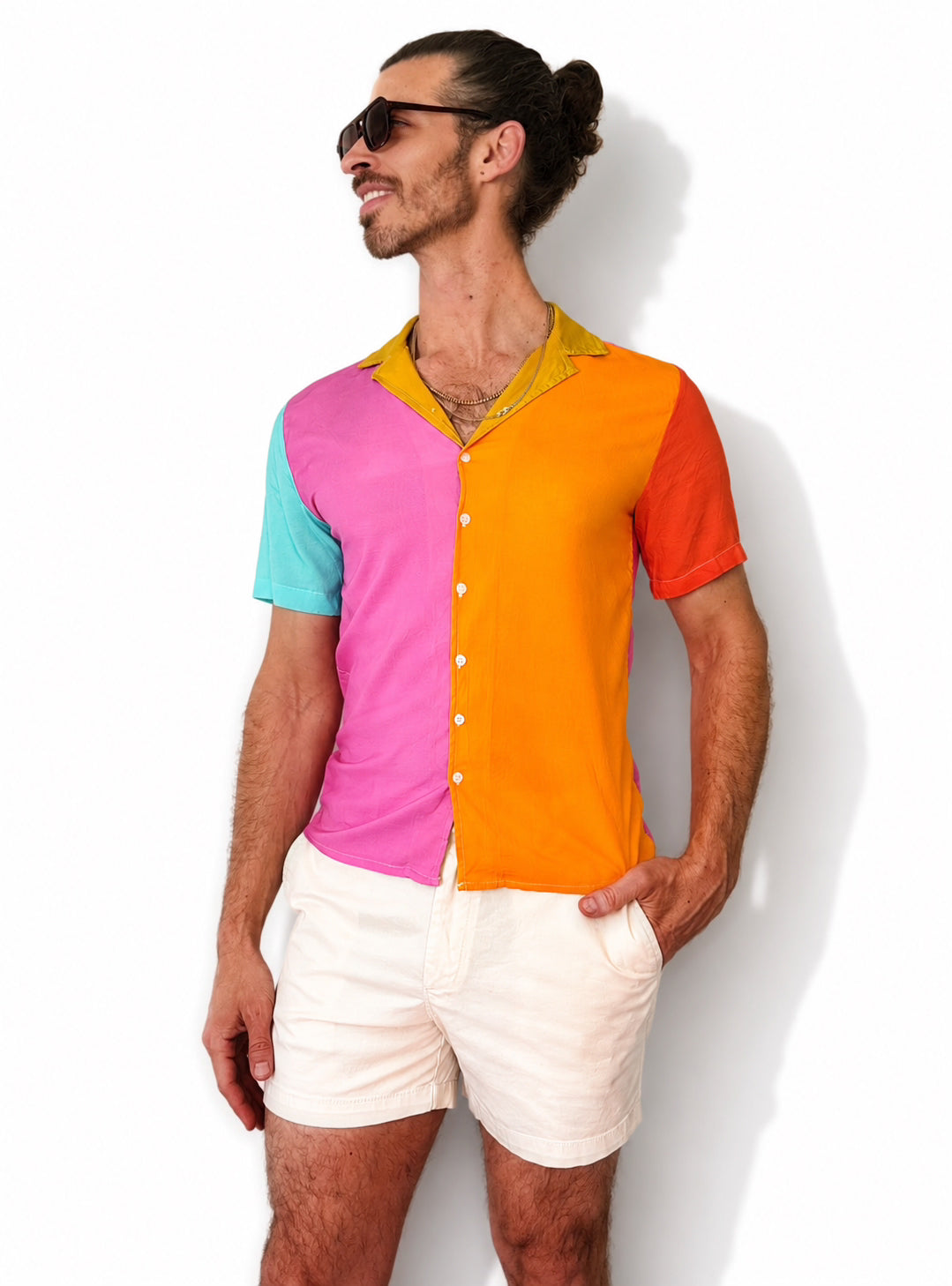 Color Block Cotton Button Down Shirt; Pink Blue Yellow Green Resort wear