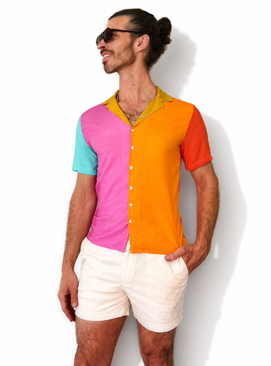 Color Block Cotton Button Down Shirt; Pink Blue Yellow Green Resort wear