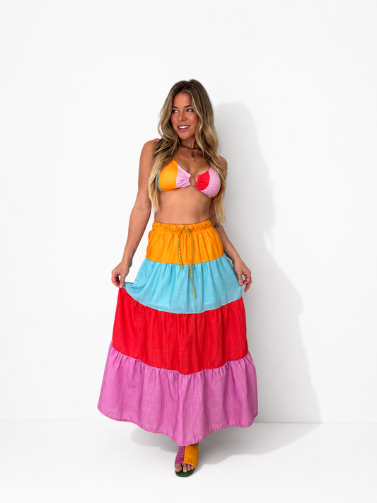 Colorblock Tiered Maxi Skirt with Pockets | Rainbow Skirt | Boho Festival Skirt | Elastic Waist Skirt | Retro Summer Skirt
