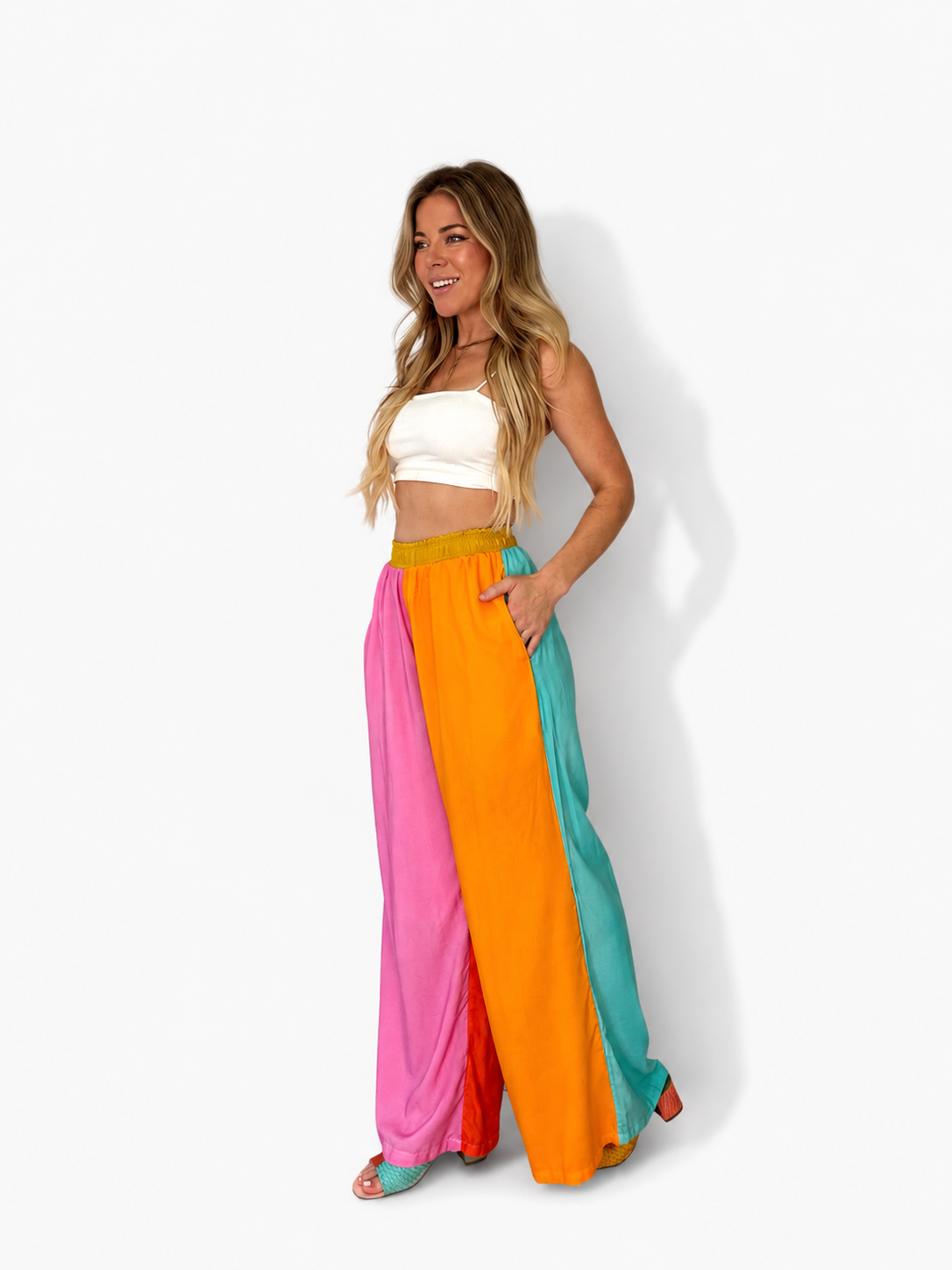 Colorblock Wide Leg Pants | Pink Orange Teal Palazzo Pants | Festival Pants | Comfy Elastic Waist Pants with Pockets | Retro Lounge Pants
