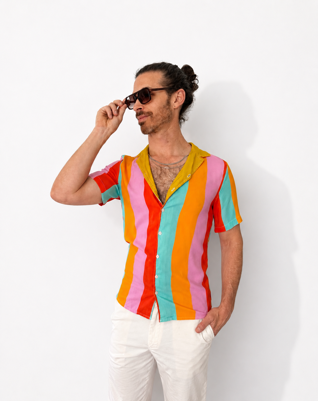 Color Therapy Wavy Stripes Cotton Button Down Shirt; Pink Blue Yellow Green Resort wear