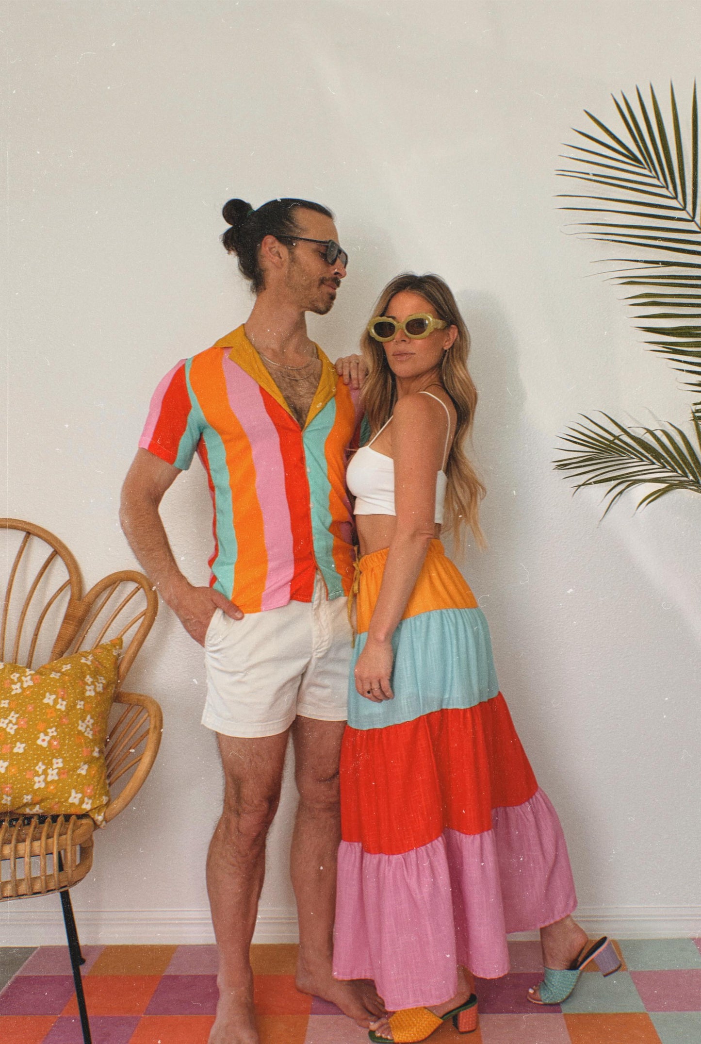 Color Therapy Wavy Stripes Cotton Button Down Shirt; Pink Blue Yellow Green Resort wear