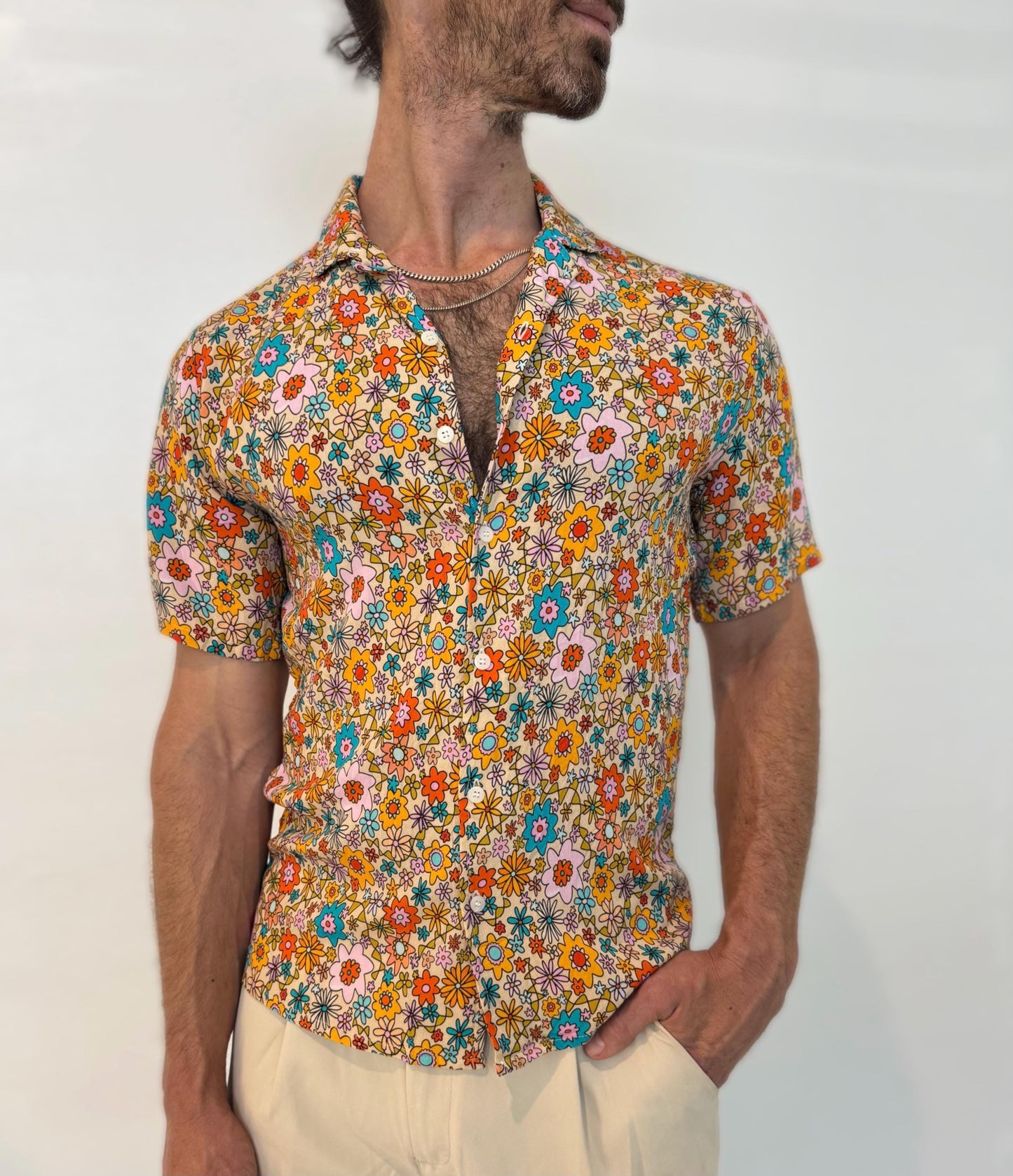 Retro Floral Rayon Button-Down Shirt: Unisex Vacation Wear