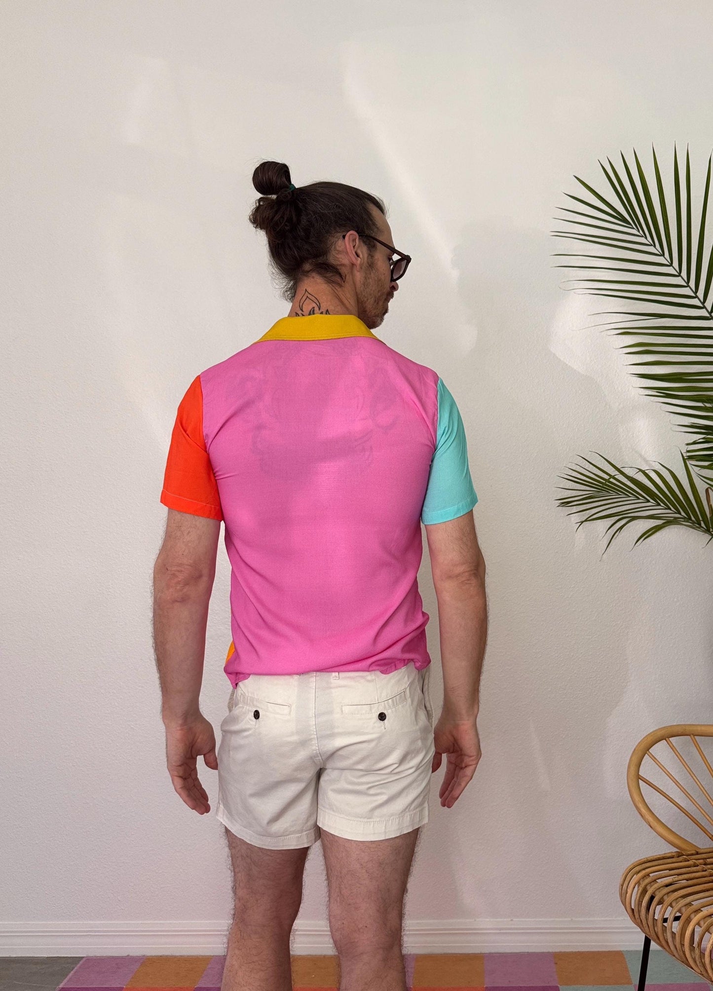 Color Block Cotton Button Down Shirt; Pink Blue Yellow Green Resort wear