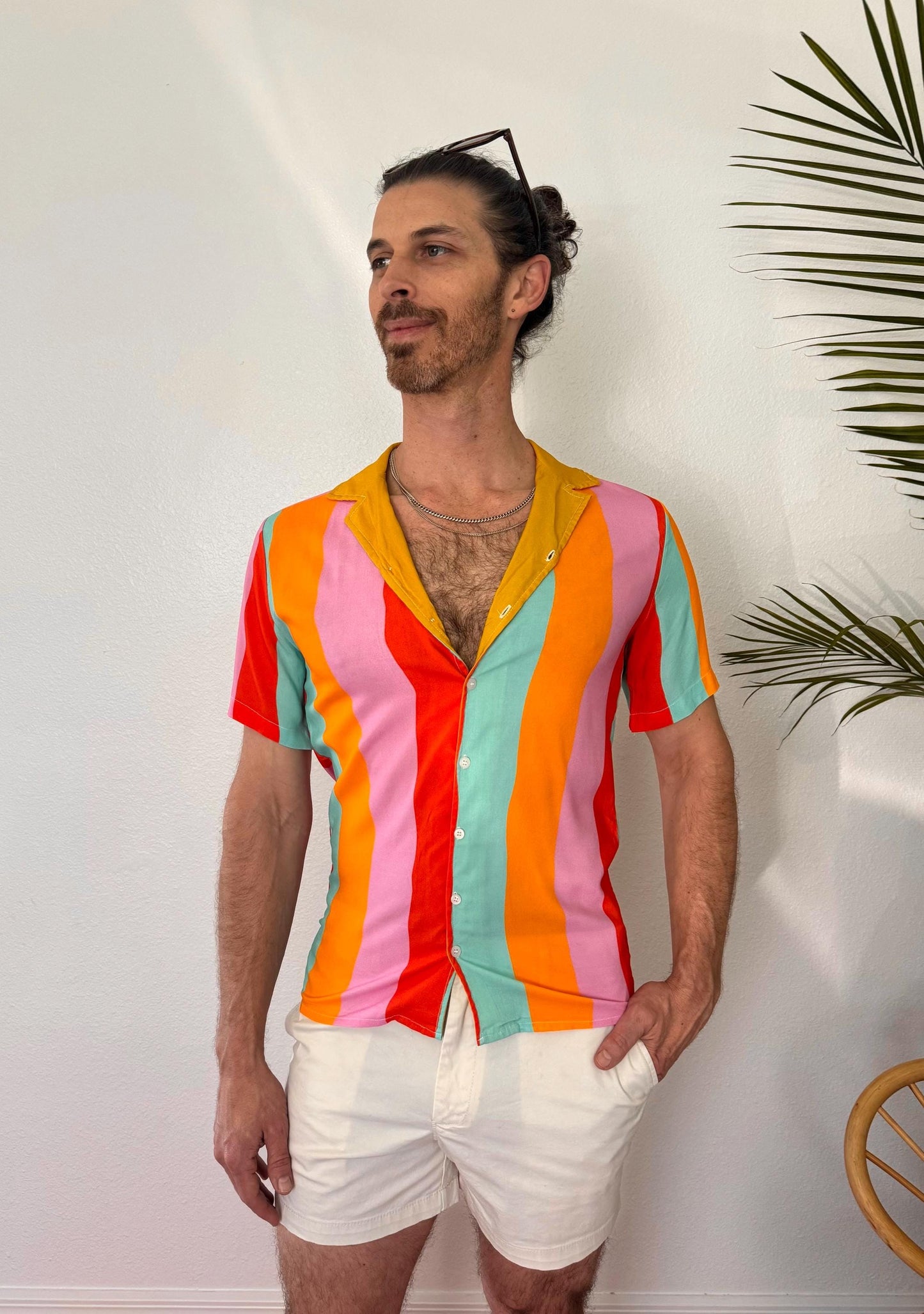 Color Therapy Wavy Stripes Cotton Button Down Shirt; Pink Blue Yellow Green Resort wear