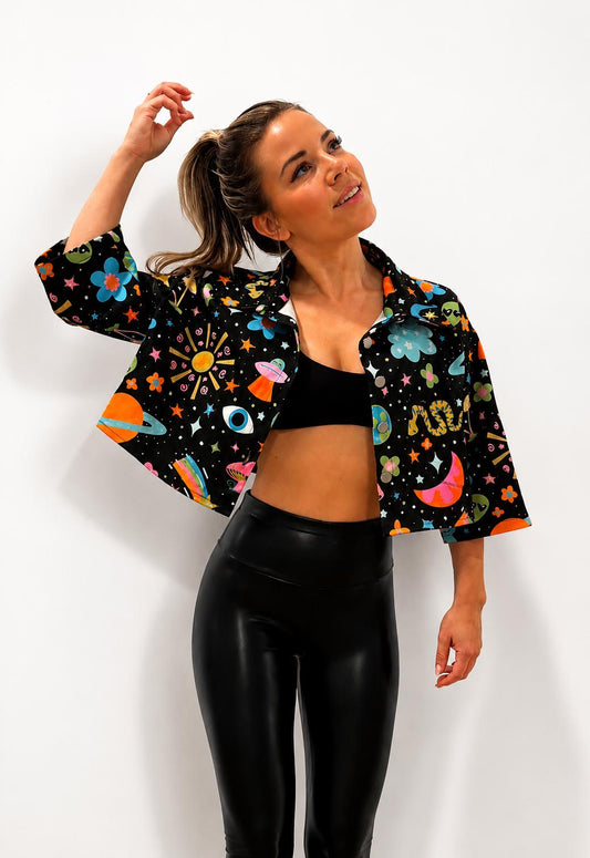 Cosmic space babe Cropped Denim Jacket: Psychedelic Festival Fashion