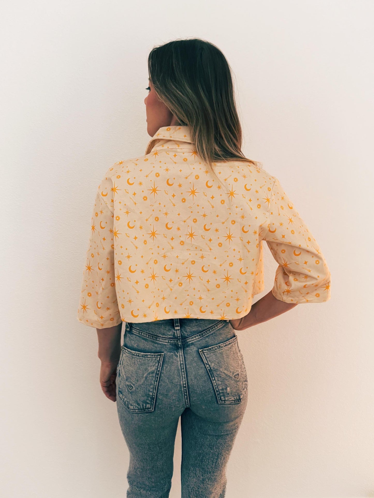 Celestial Cropped Denim Jacket: Retro Sun, Moon, Stars