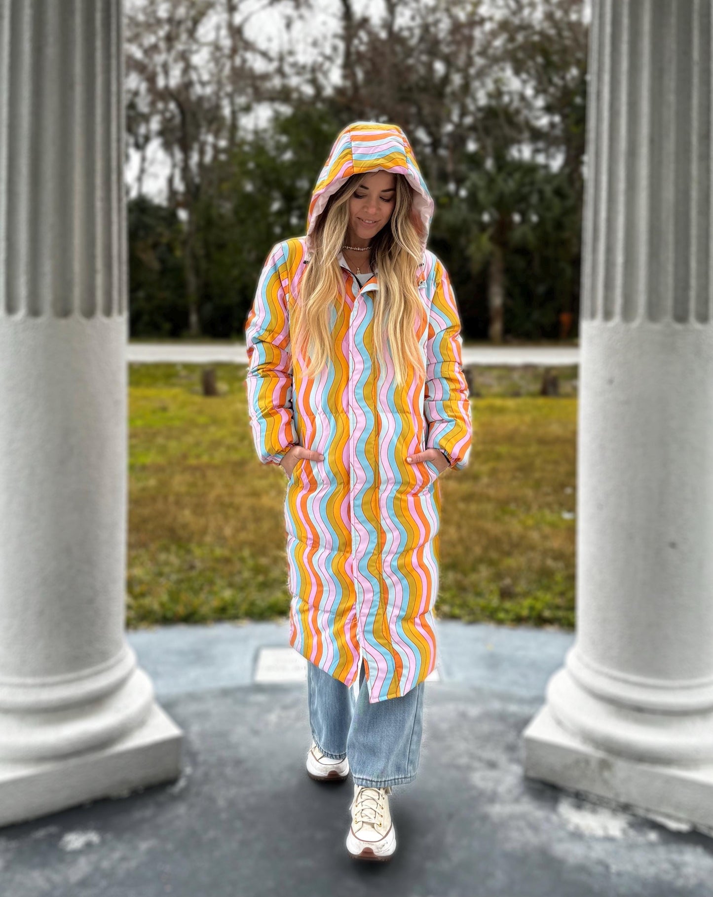 Wavy Rainbow Puffer Coat: Long Trippy Festival Winter Jacket