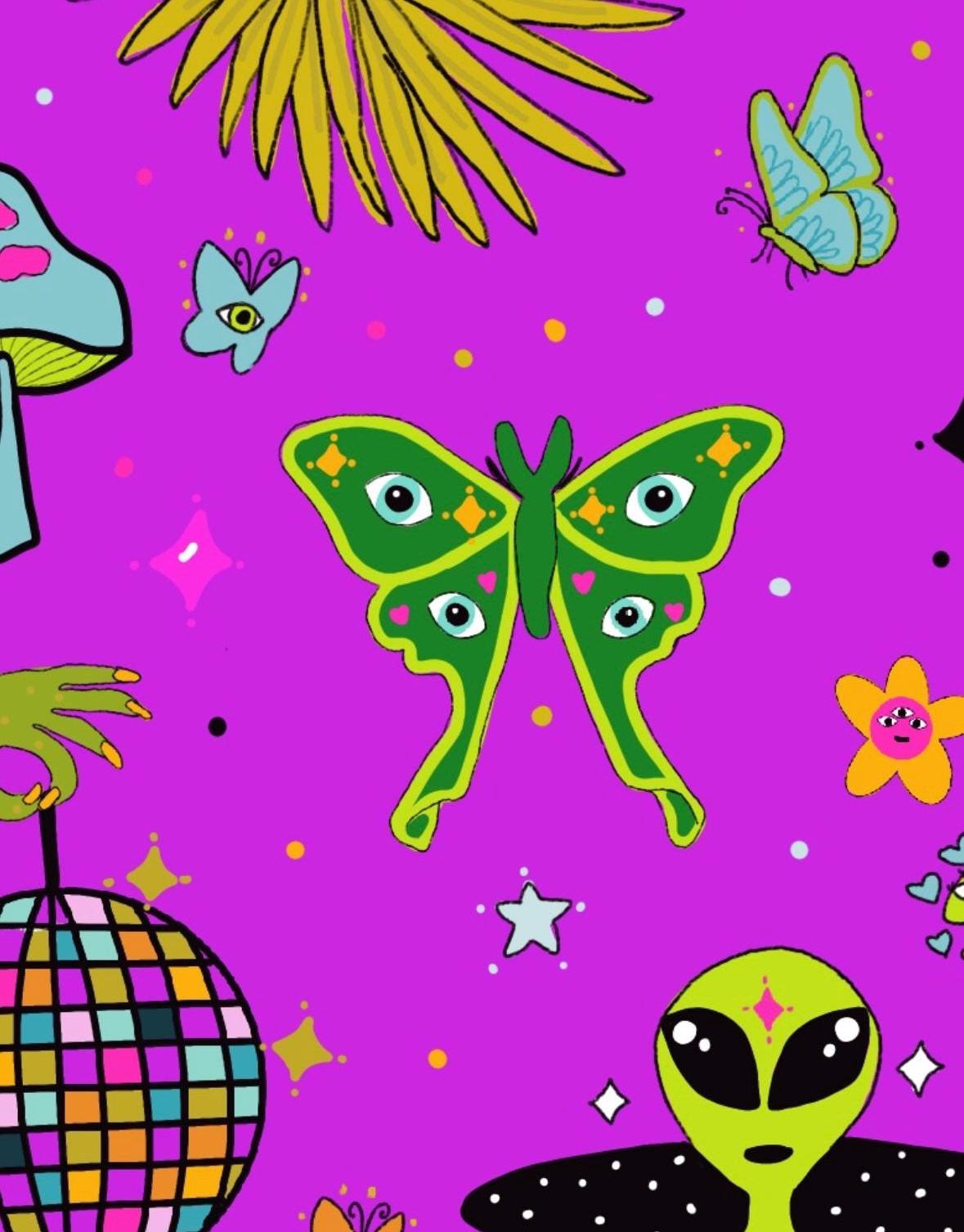 Happy Hula Bucket Hat: Trippy Mushroom Music Fest - Cotton Blend Aliens Fairy Florida Halloween theme