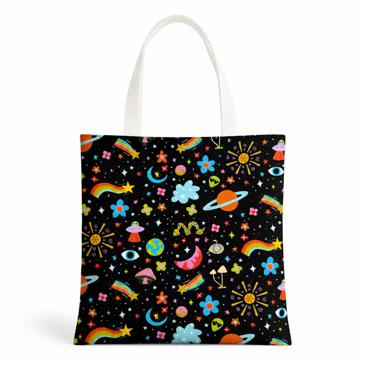 Cosmic Canvas Tote Bag: Retro Psychedelic Space Design