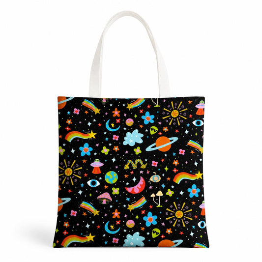 Cosmic Canvas Tote Bag: Retro Psychedelic Space Design