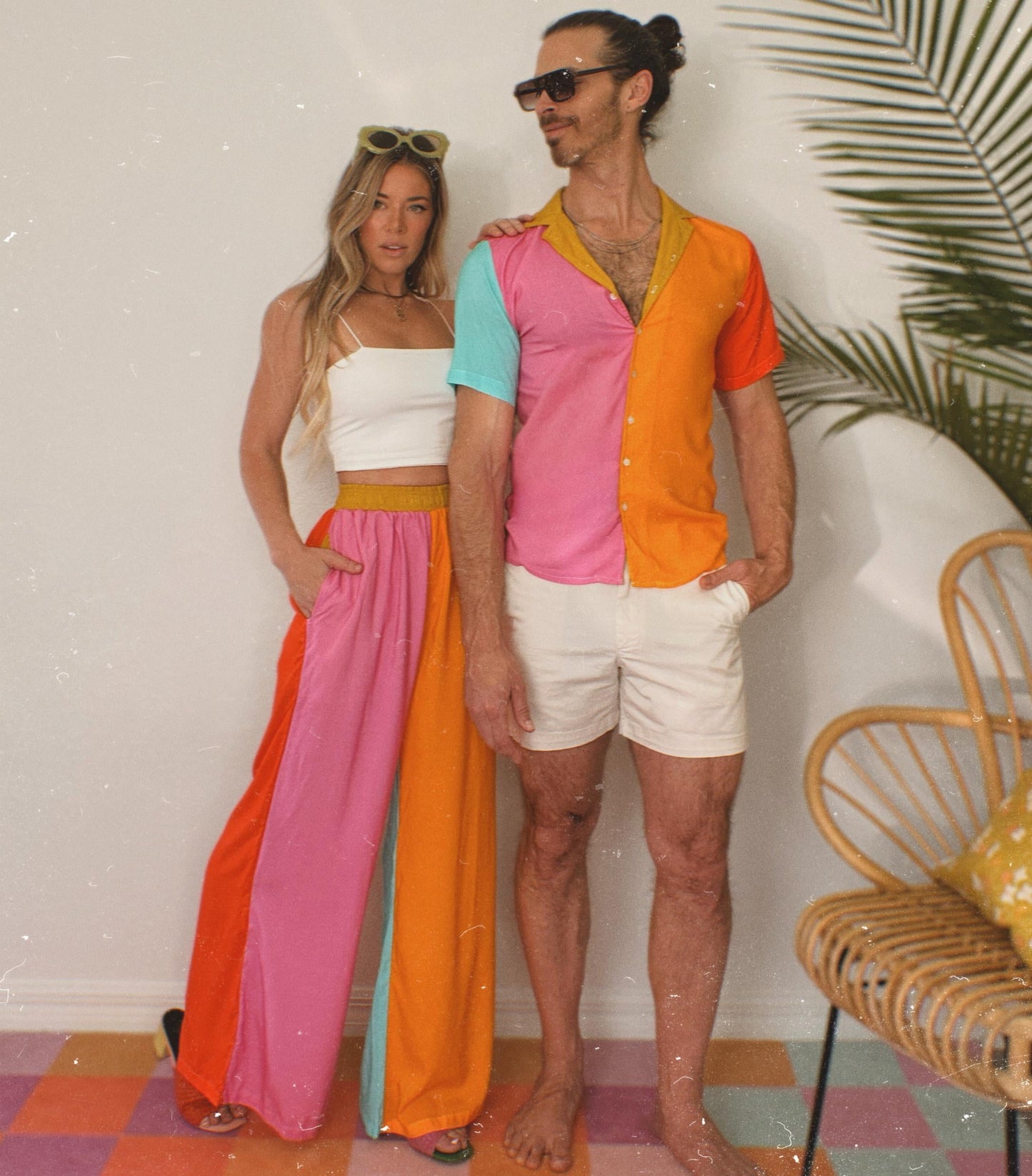 Color Block Cotton Button Down Shirt; Pink Blue Yellow Green Resort wear