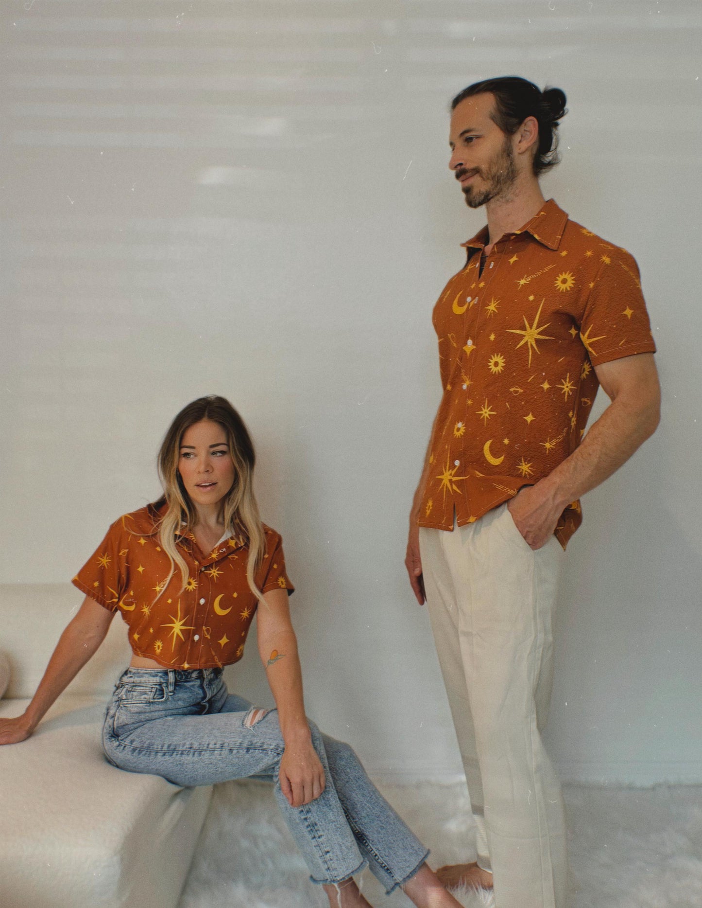 Celestial Crop Top: Golden Sun, Moon & Star Print - Lightweight Button Down