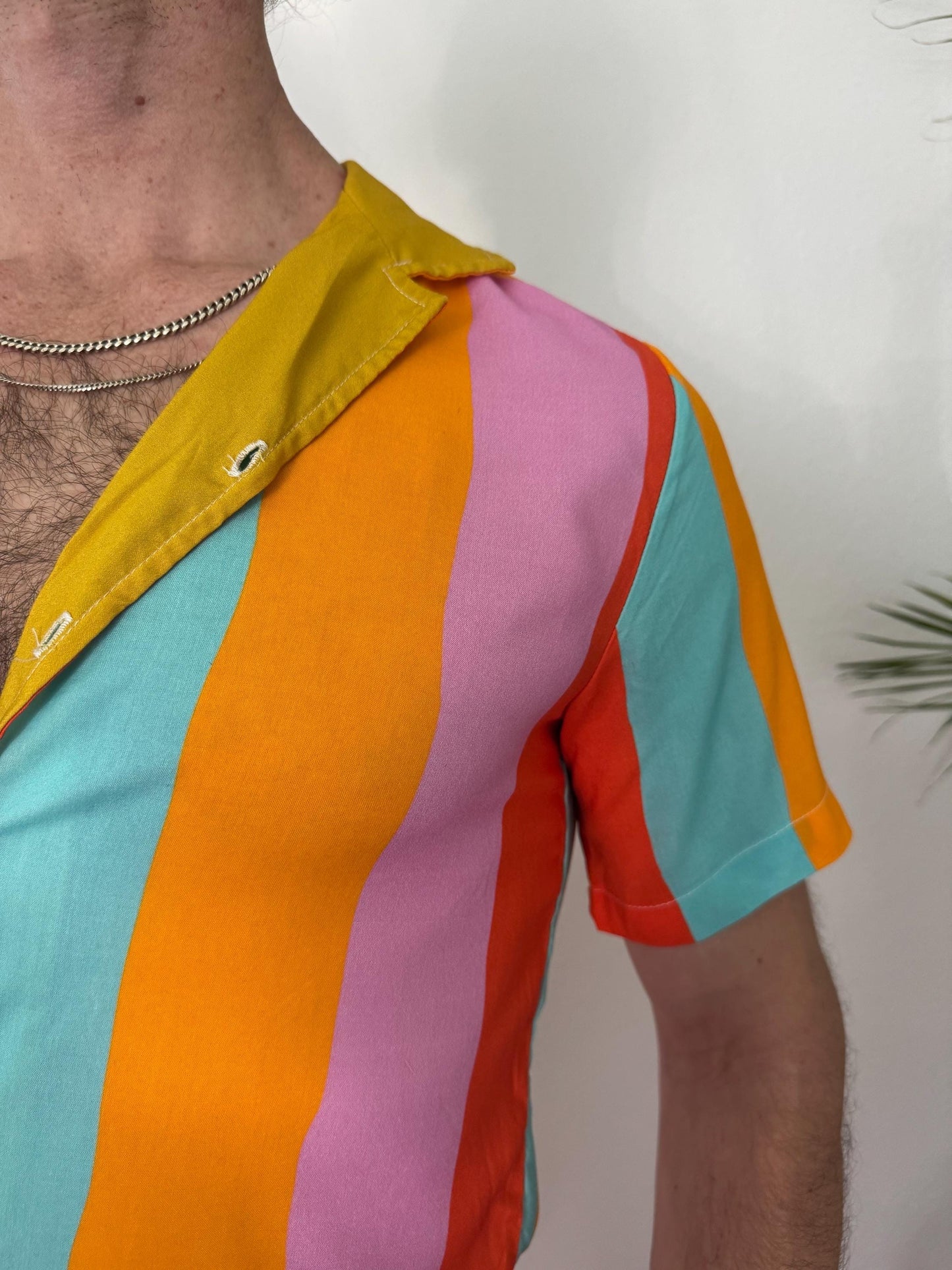 Color Therapy Wavy Stripes Cotton Button Down Shirt; Pink Blue Yellow Green Resort wear