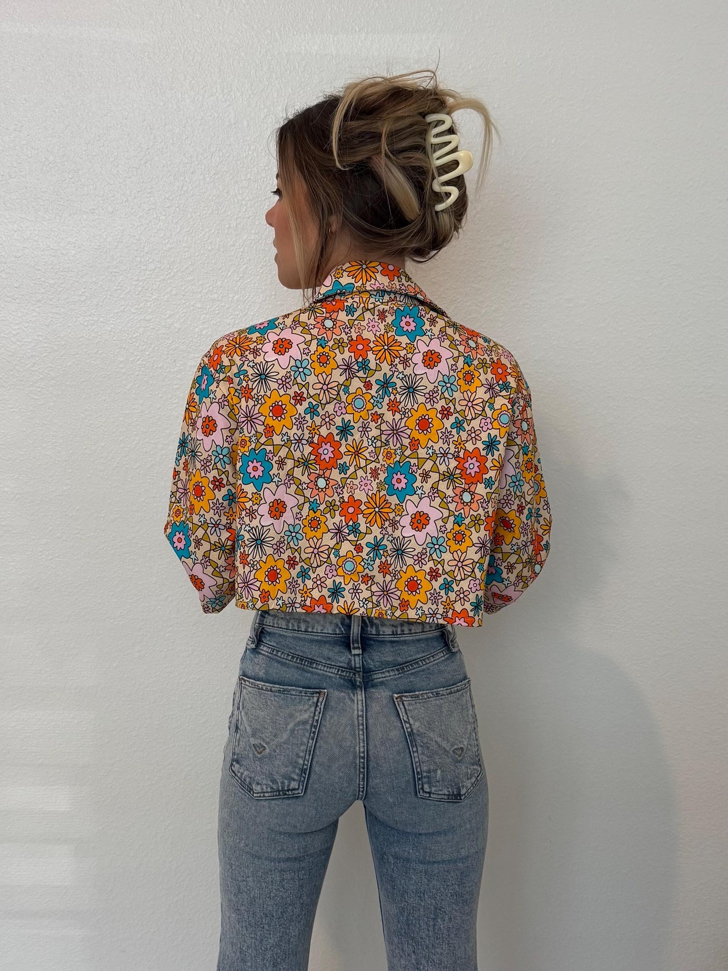 Cropped Floral Denim Jacket: 70s Retro Cotton Festival Wear
