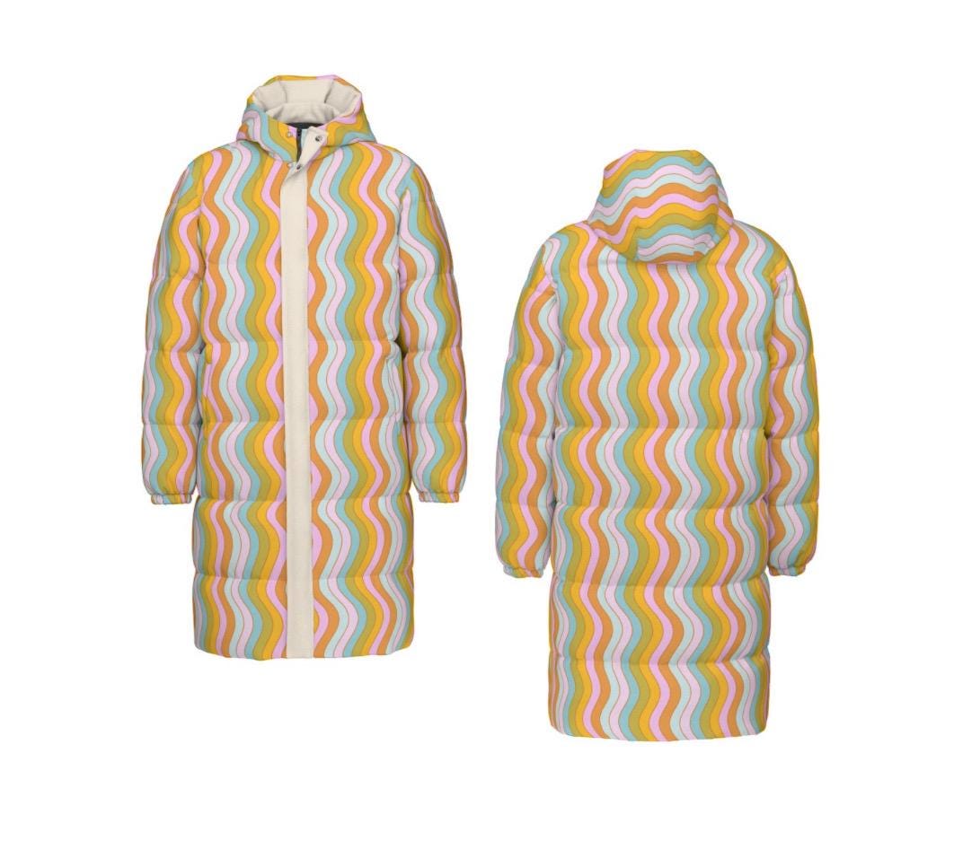 Wavy Rainbow Puffer Coat: Long Trippy Festival Winter Jacket