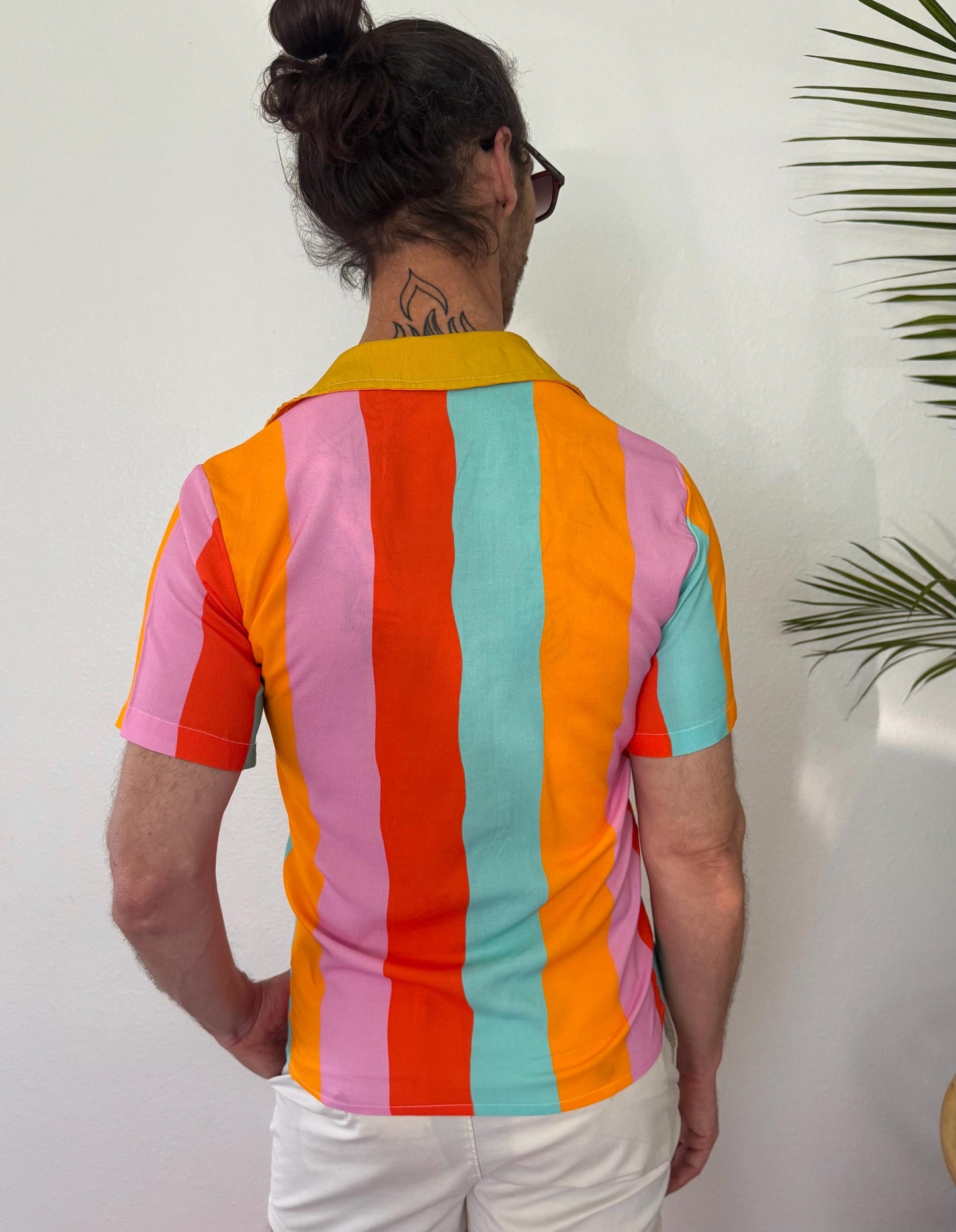 Color Therapy Wavy Stripes Cotton Button Down Shirt; Pink Blue Yellow Green Resort wear