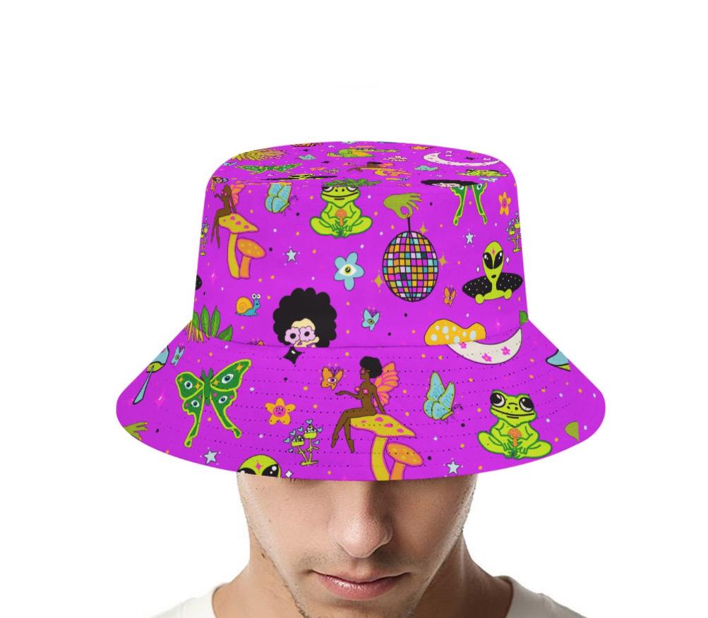 Happy Hula Bucket Hat: Trippy Mushroom Music Fest - Cotton Blend Aliens Fairy Florida Halloween theme