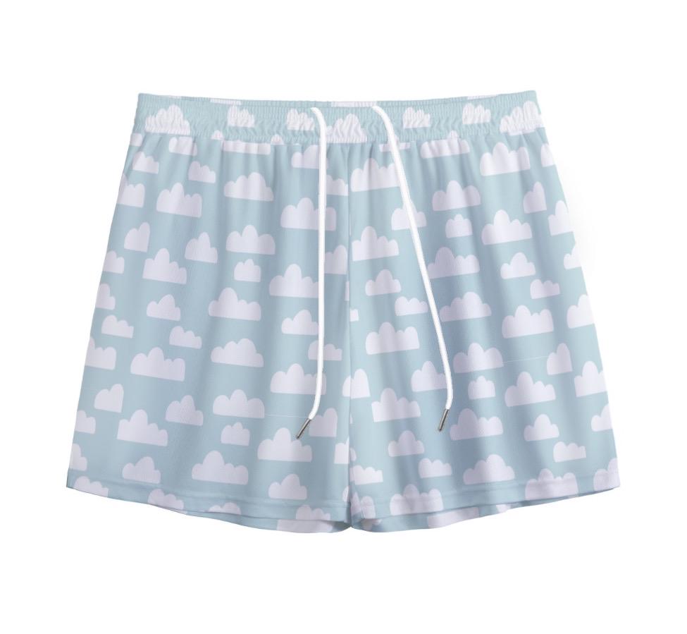 cloud button down shirt and shorts outfit; festival, resort,  casual outfit mens