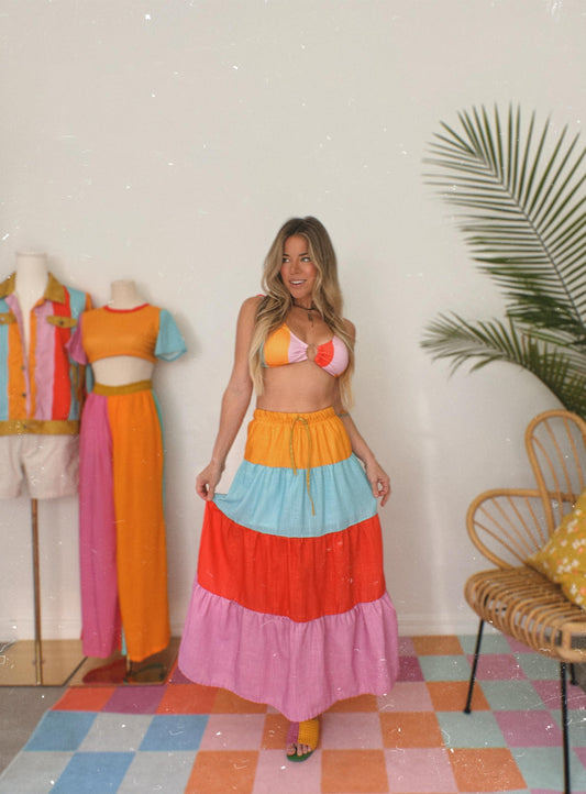 Colorblock Tiered Maxi Skirt with Pockets | Rainbow Skirt | Boho Festival Skirt | Elastic Waist Skirt | Retro Summer Skirt