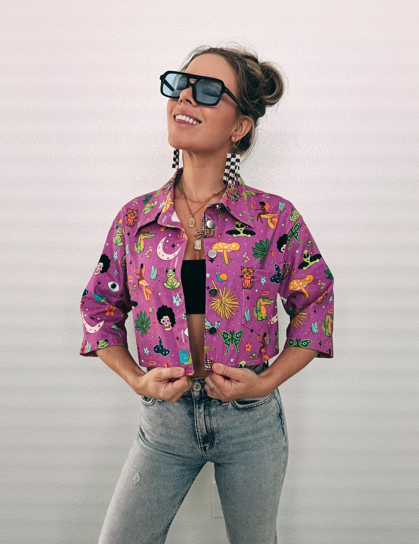 Hulaween Cropped Denim Jacket: Trippy Mushroom Music Fest - Cotton Blend