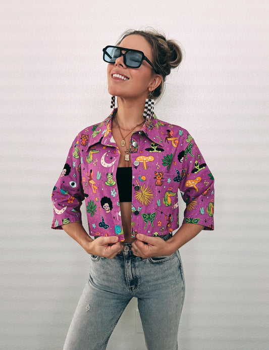 Hulaween Cropped Denim Jacket: Trippy Mushroom Music Fest - Cotton Blend