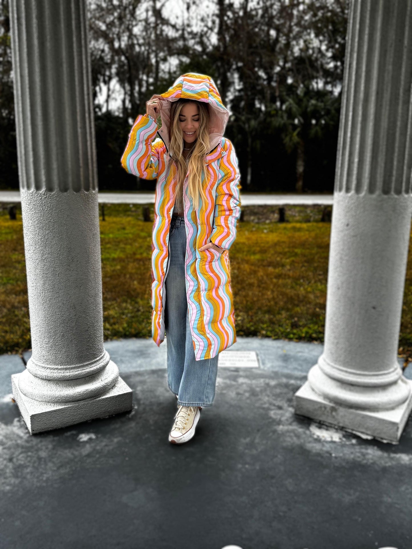 Wavy Rainbow Puffer Coat: Long Trippy Festival Winter Jacket