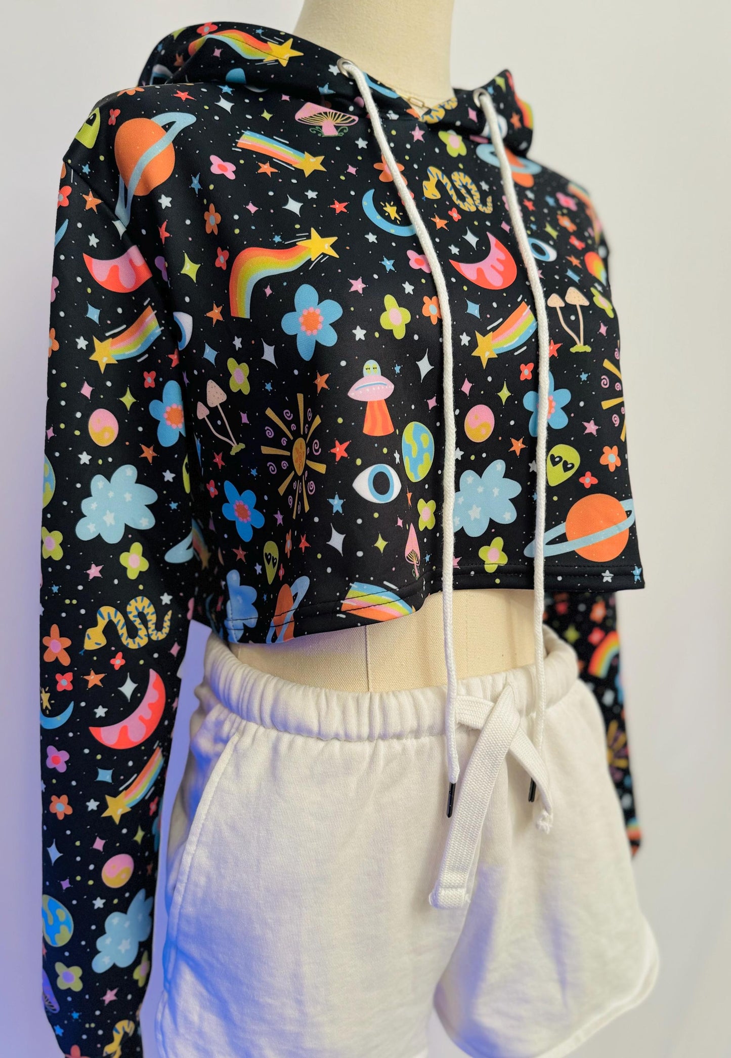 Cosmic Cropped Hoodie: Trippy Alien, Mushroom & Rainbow Print